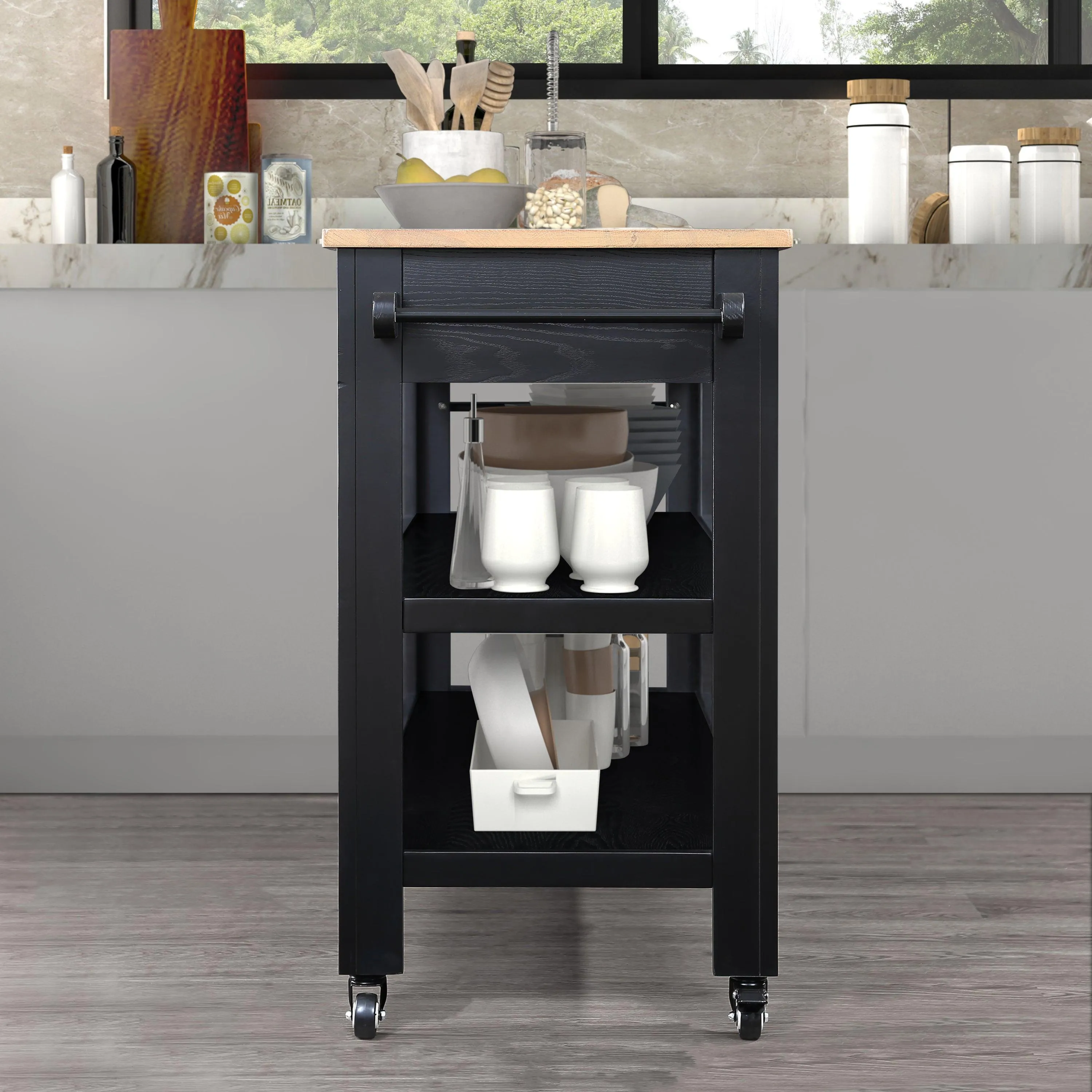 57" Rolling Kitchen Island with Oak Top, 2 Drawers, Wine & Spice Rack, Two-Sided, Black   Natural