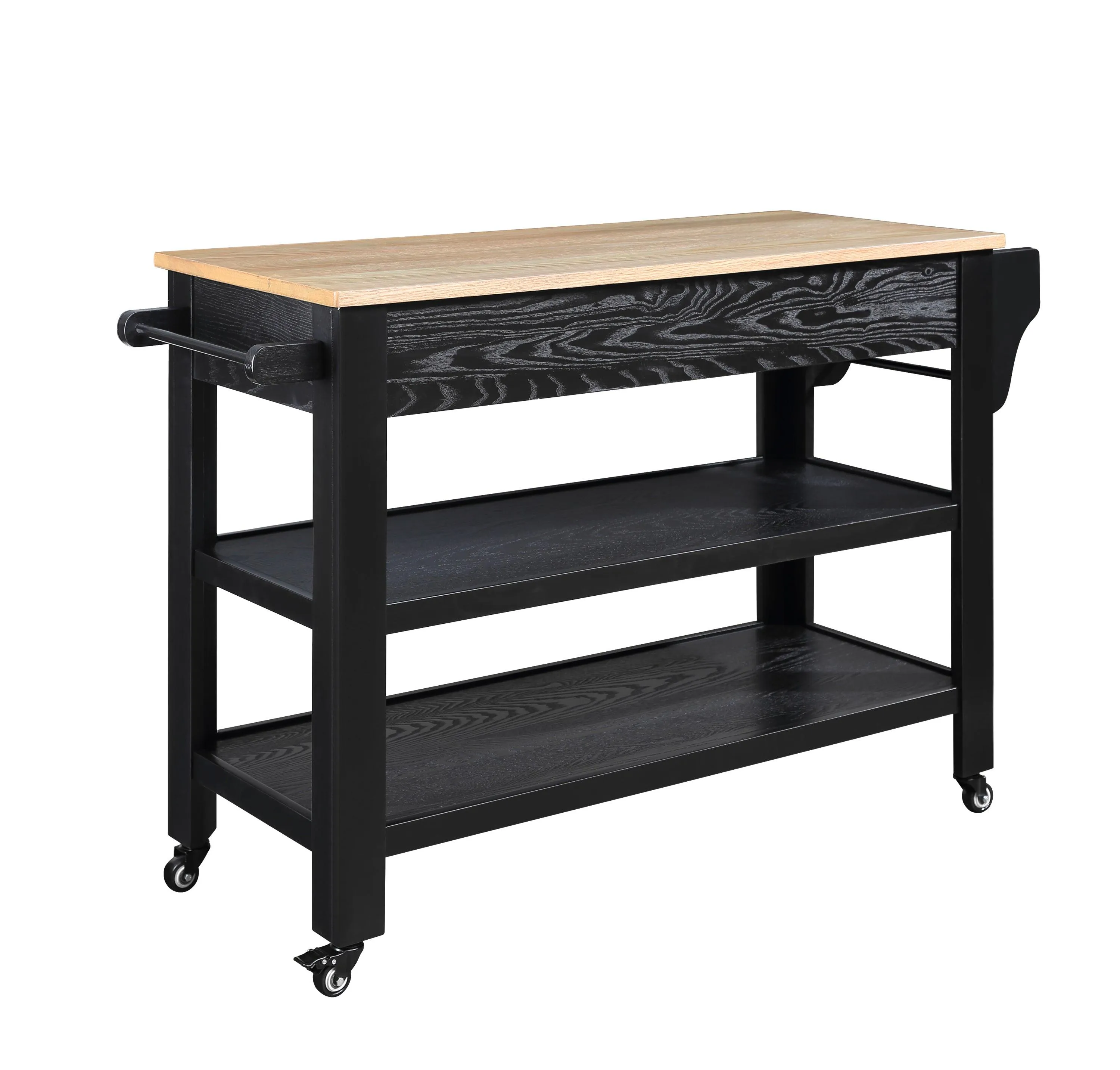 57" Rolling Kitchen Island with Oak Top, 2 Drawers, Wine & Spice Rack, Two-Sided, Black   Natural