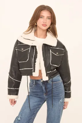 Black Faux Leather Shearling Aviator Cropped Jacket - Avani