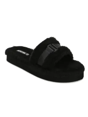 Black Fuzzy Fur Slides