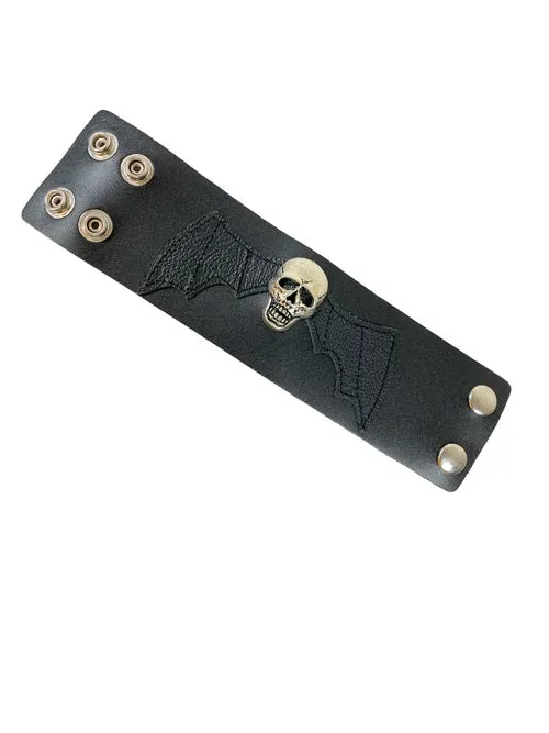 Black Leather Bracelet w/ Skull Stud and Wings