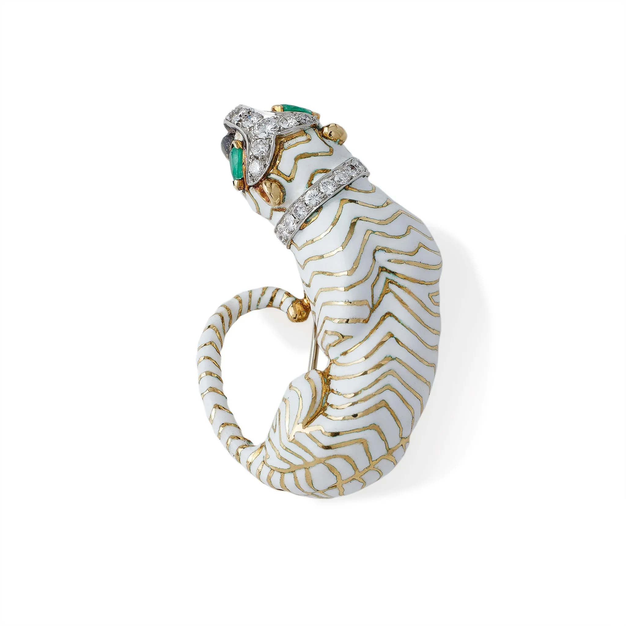 David Webb White Enamel Tiger Brooch