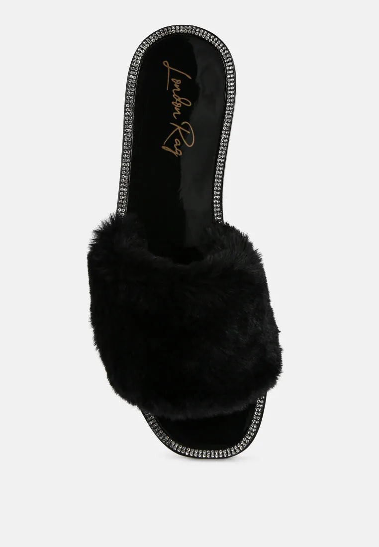 Geese Faux Fur Diamante Detail Jelly Flats