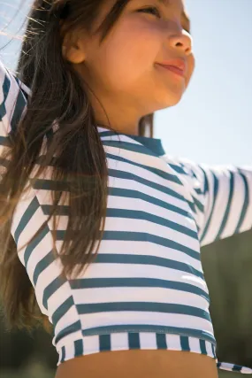 Girls Swimsuit Feather 4 Arrow Ocean Love Cropped Girls Rash Top - Navy Stripe (Size 5 left)