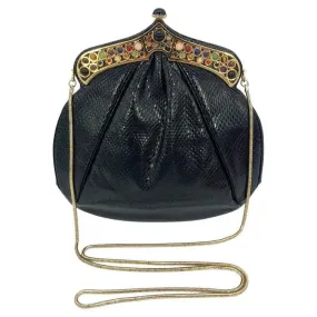 Judith Leiber Black Lizard Gemstone Top Shoulder Bag