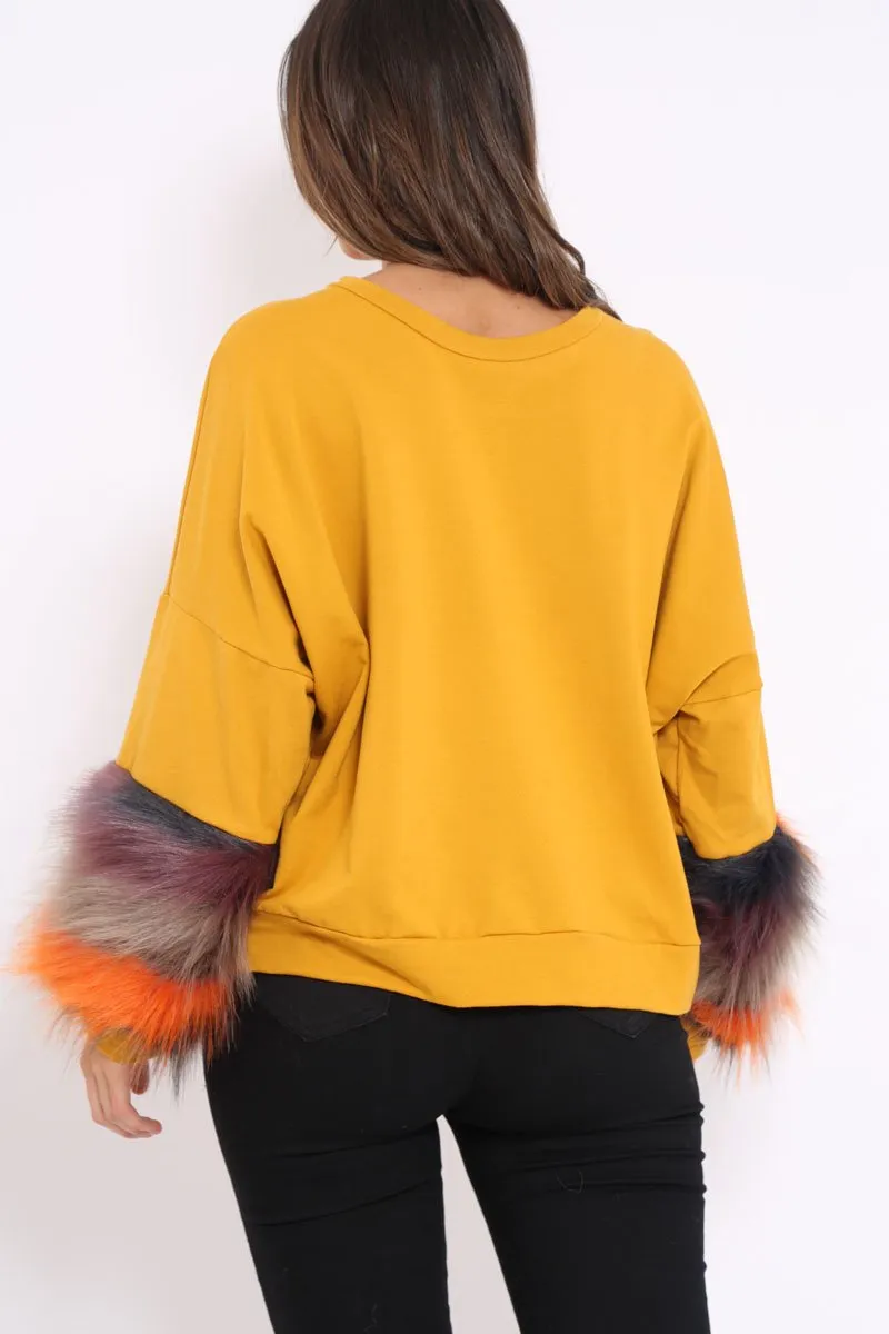 Mustard Sweatshirt with Multicolour Fur Sleeves - Loise