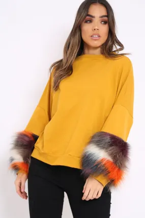 Mustard Sweatshirt with Multicolour Fur Sleeves - Loise