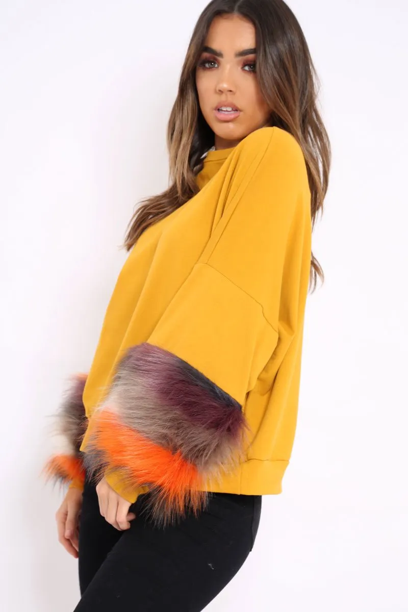 Mustard Sweatshirt with Multicolour Fur Sleeves - Loise