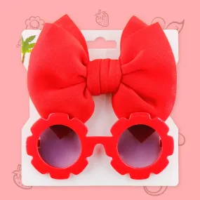 Polka Tots Free Size Bow Headband & Floral Sunglass Set - Red