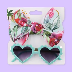 Polka Tots Free Size Floral Bow Headband & Heart Sunglass Set - Aqua