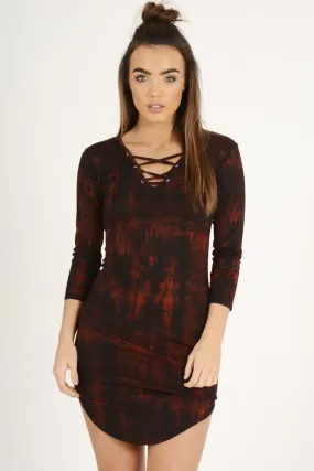 Red Tie Dye Long Sleeve Lace Up Dress - Ismi