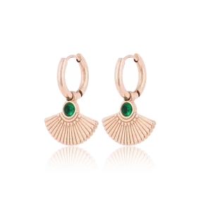 Rose gold coloured hoop earrings with a peacock tail