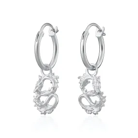 Silver Chinese Dragon Charm Hoop Earrings