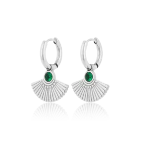 Silver coloured hoop earrings with a peacock tail