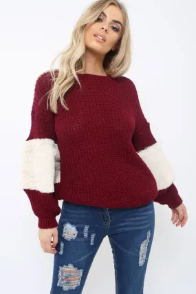 Wine Chunky Knit Fur Sleeve Jumper - Kimberly