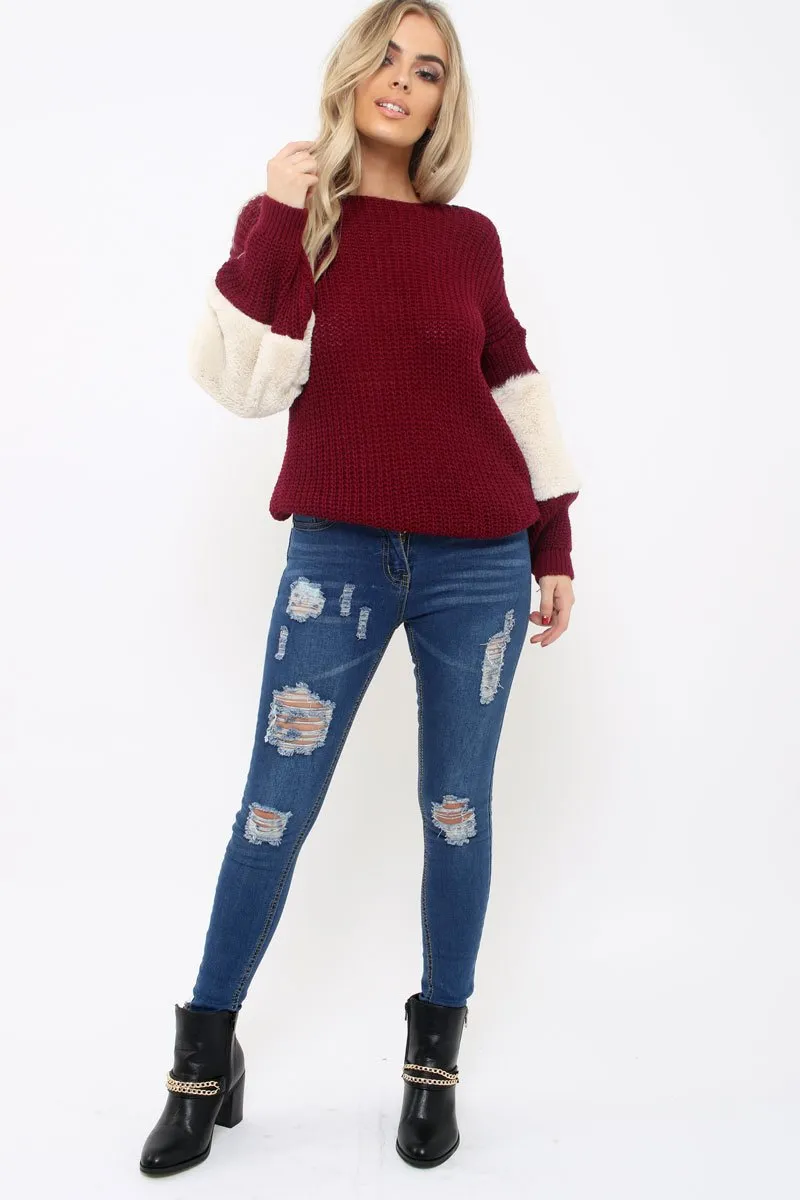 Wine Chunky Knit Fur Sleeve Jumper - Kimberly