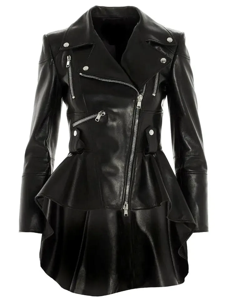 Women’s Asymmetric Peplum Leather Biker Jacket