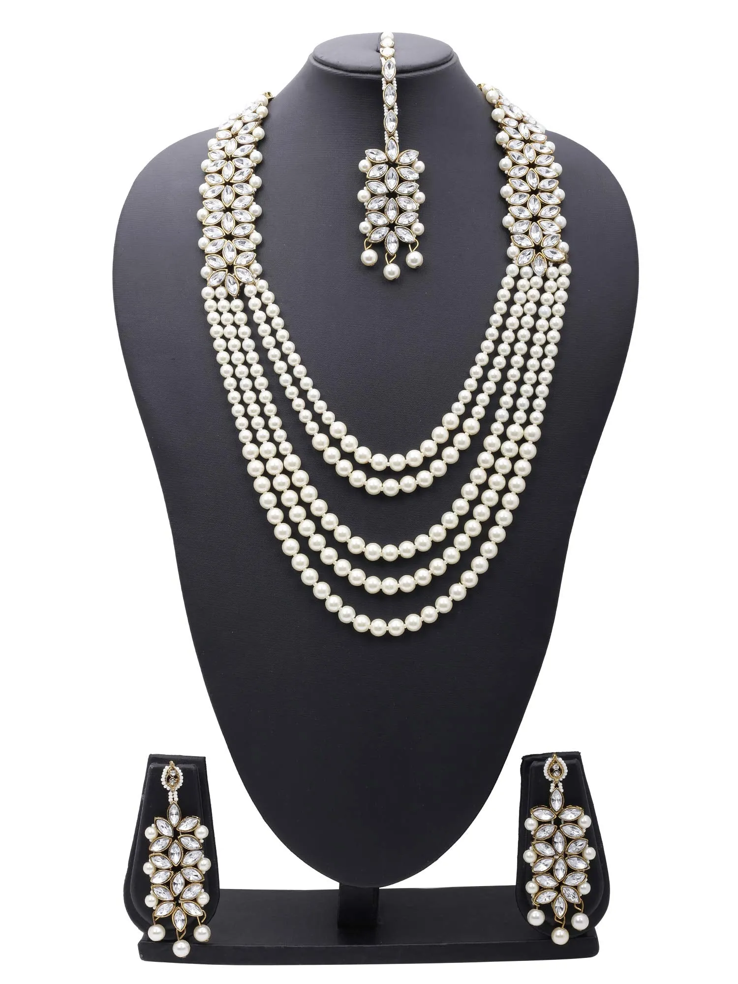 Yellow Chimes Ethnic Traditional White Kundan Multi Layer Pearl Long Rani Haar Necklace Set Jewellery Set for Women & Girls