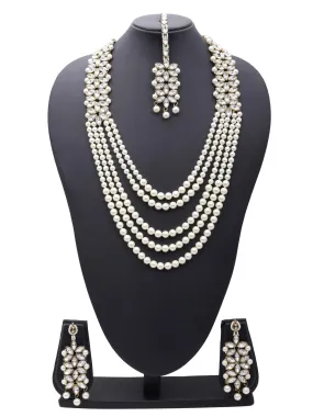 Yellow Chimes Ethnic Wedding Wear Traditional White Kundan Multi Layer Pearl Long Rani Haar Necklace set Jewellery Set for Women & Girls